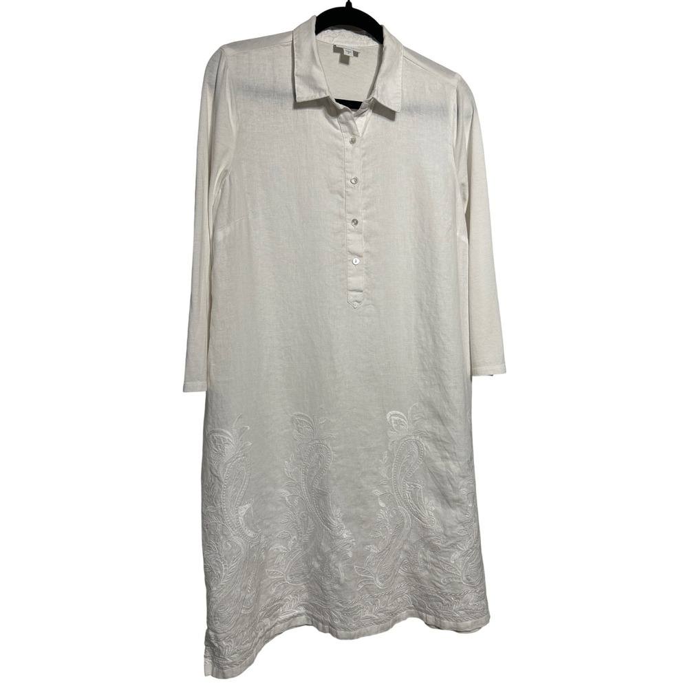 J.‎ Jill 100% Linen Floral Paisley Embroidered Shirt Dress Ivory Size Medium EUC